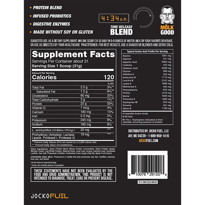 JOCKO FUEL Molk Protein with Infused Probiotics and Digestive Enzymes
