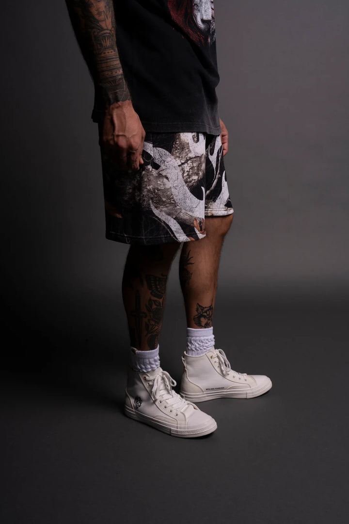 MEMPO OVERSIZED POST LOUNGE SWEAT SHORTS IN DARC WOODLAND CAMO