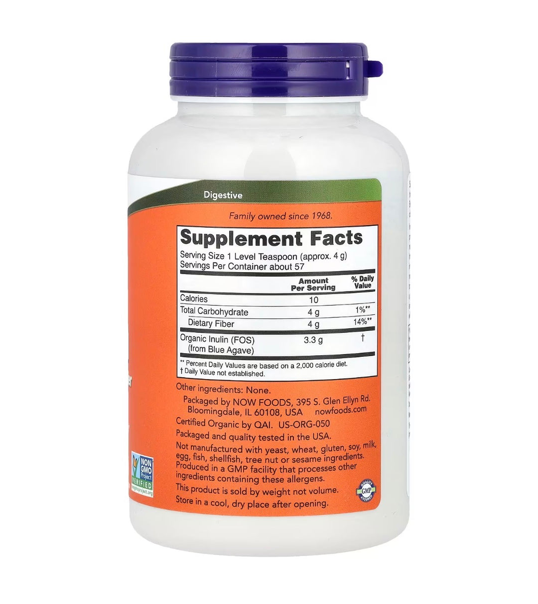 Now Prebiotic Pure Powder Inulin 227g 57 porciones