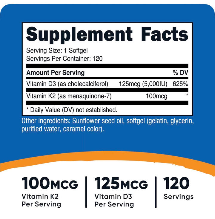 Nutricost Vitamin K2 + Vitamin D3 120 Softgels