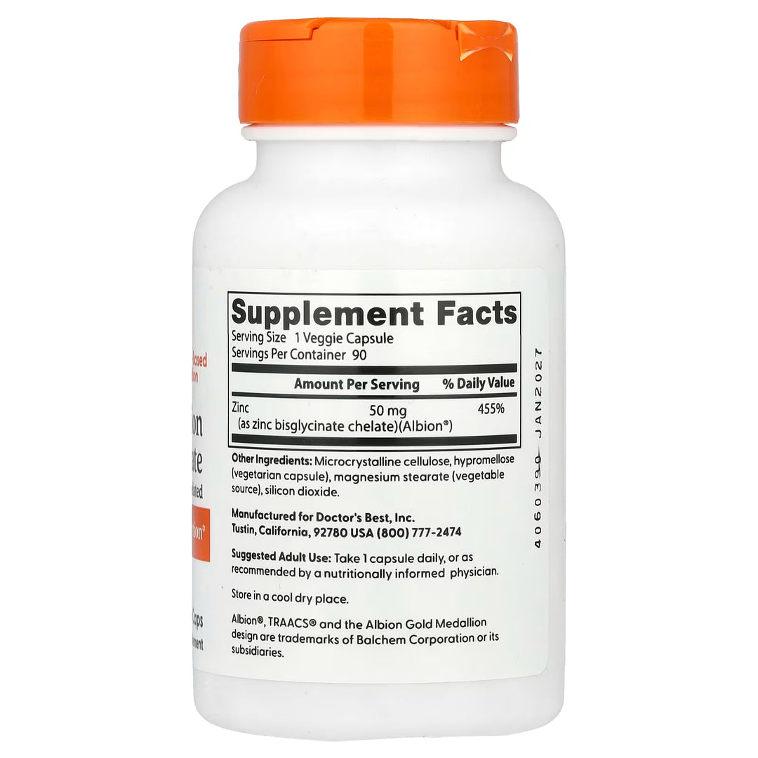 Doctor's Best, Bisglicinato de Zinc 50 mg 90 caps