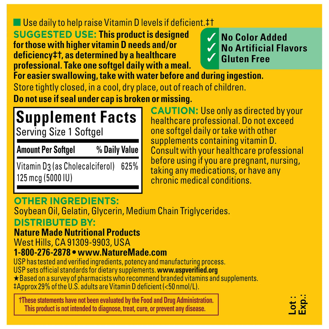 Vitamin D3 Extra Strength 5000 IU (125 mcg) 100 Softgels