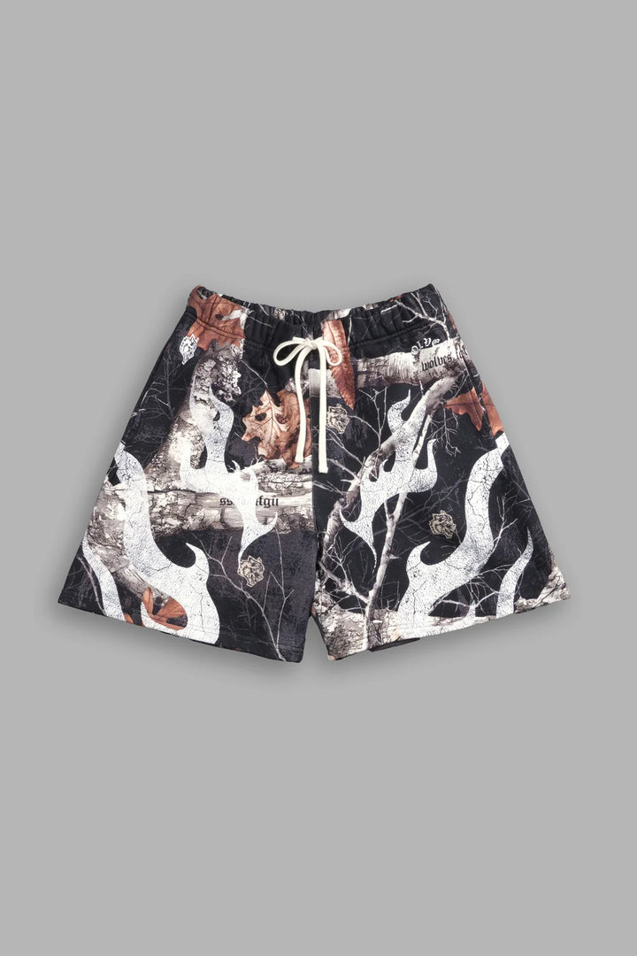 MEMPO OVERSIZED POST LOUNGE SWEAT SHORTS IN DARC WOODLAND CAMO