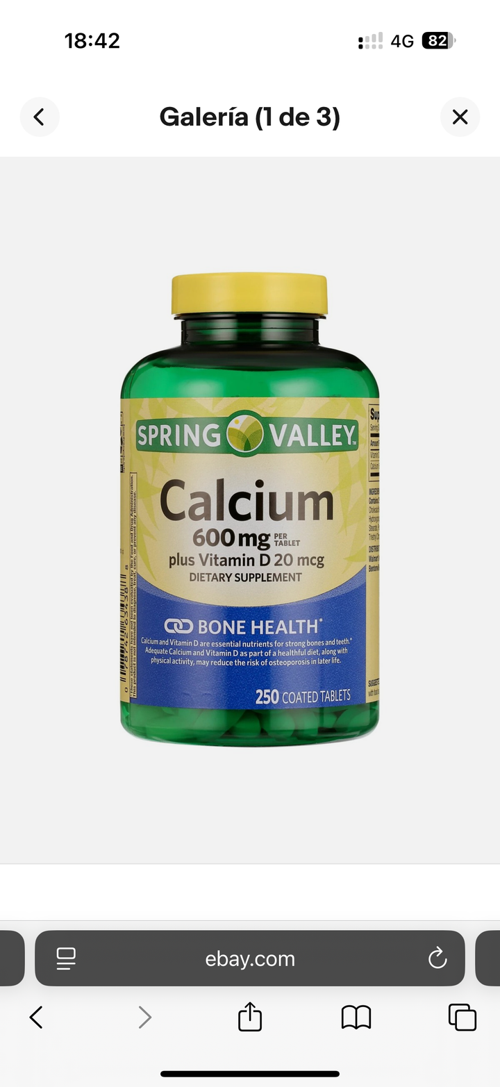 Spring Valley calcium 600 mg con vitamina D3 20 mcg salud ósea 250 tabs