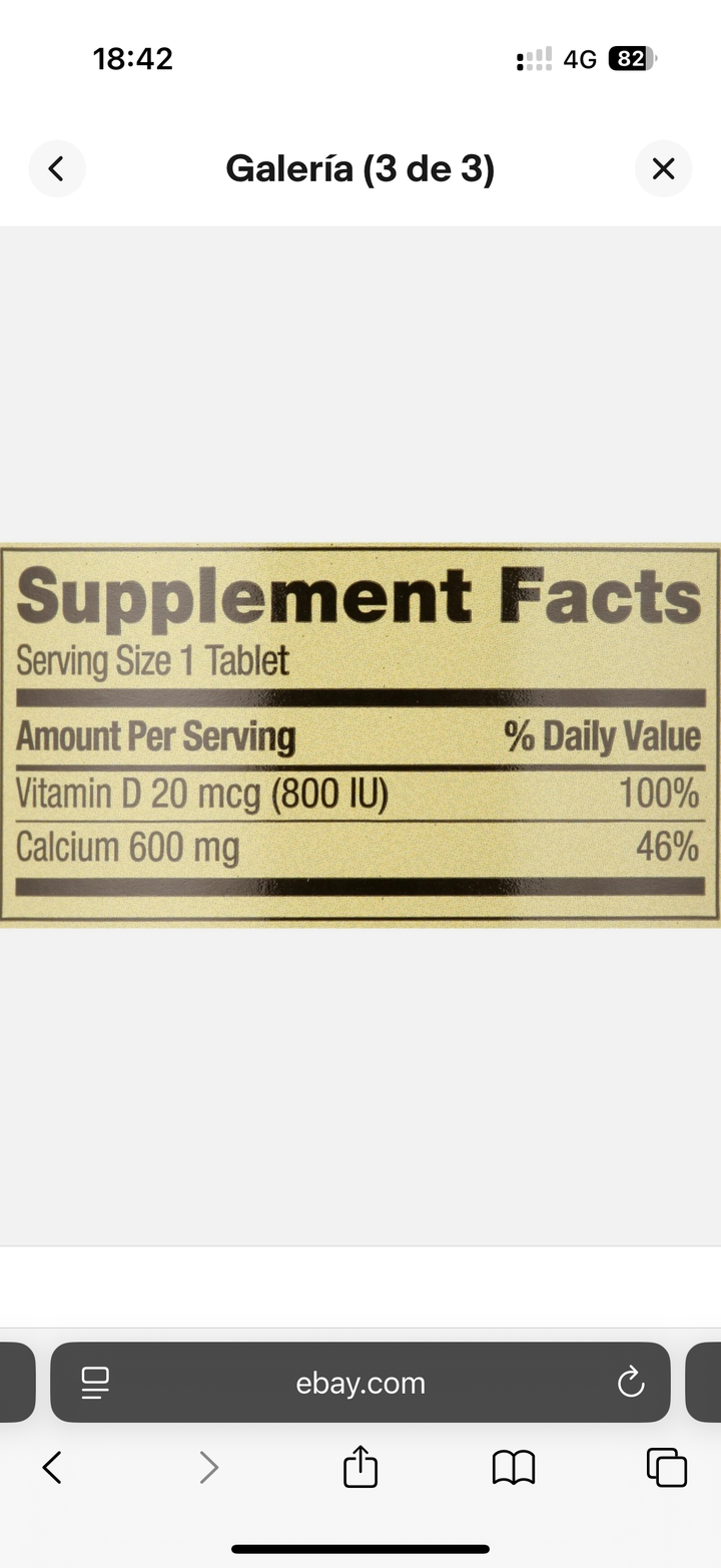 Spring Valley calcium 600 mg con vitamina D3 20 mcg salud ósea 250 tabs
