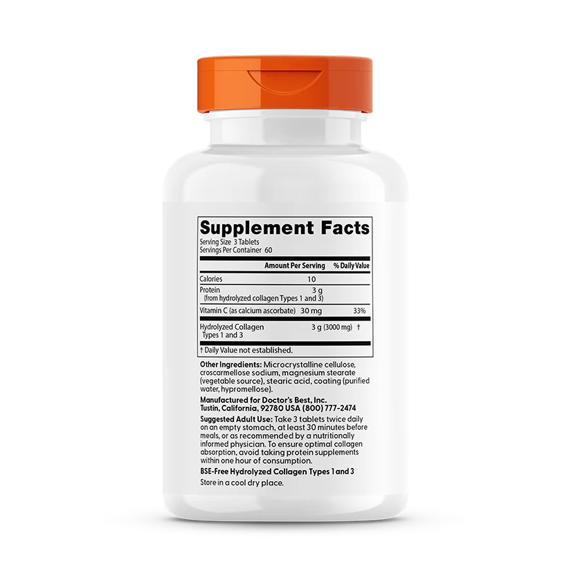 Doctor's Best Collagen Types 1 and 3 and Vitamin C, 3,000 mg Per Serving, 180 Tabs
