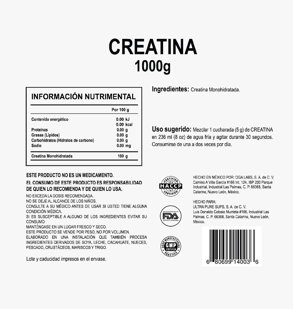 Creatina Monohidratada Ultra Pure Supps® – 1000 g 200 porciones (5g) Sin scoop