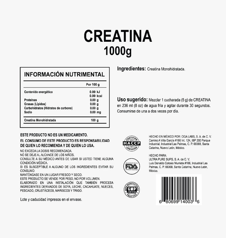 Creatina Monohidratada Ultra Pure Supps® – 1000 g 200 porciones (5g) Sin scoop