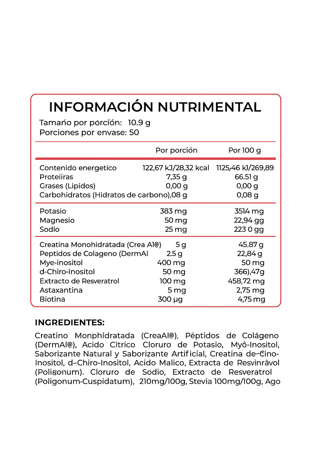 Creatina 5g + blend Inositol + Colágeno 50 porciones