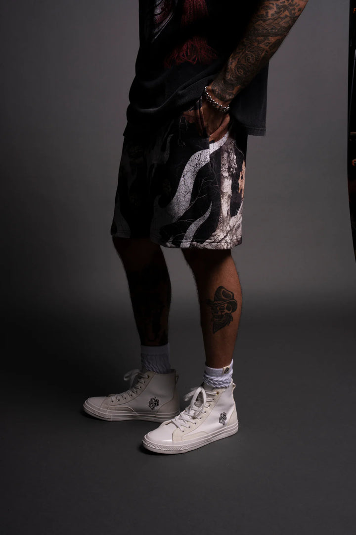 MEMPO OVERSIZED POST LOUNGE SWEAT SHORTS IN DARC WOODLAND CAMO