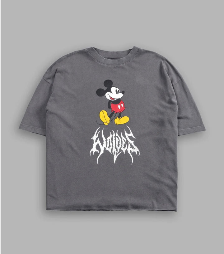 CAMISETA MICKEY MOUSE HESH PREMIUM RAW HELL BOX CUT EN GRIS PIZARRA