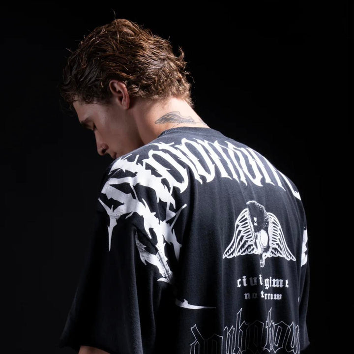 “DWTW” RAW HEM DUNGEON OVERSIZED TEE IN BLACK