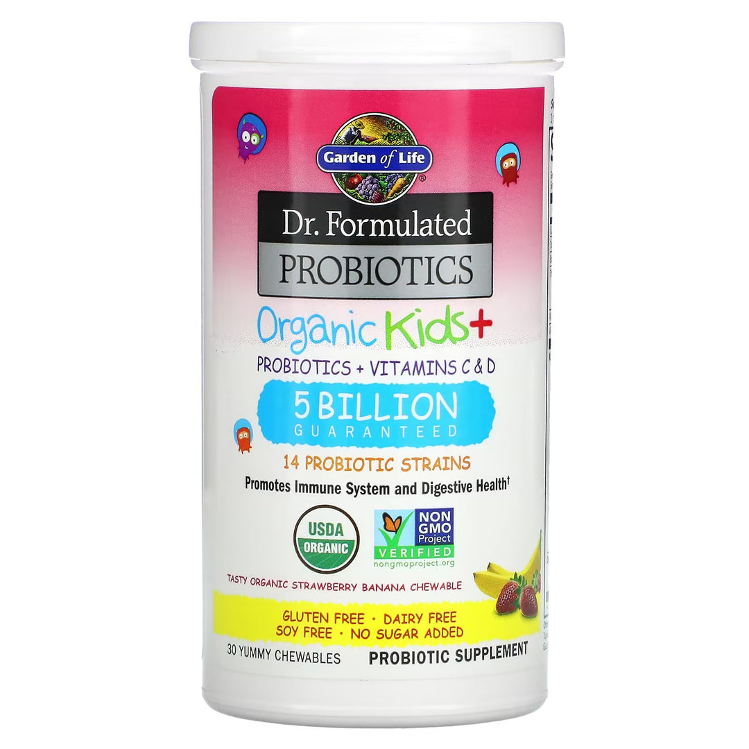 Probioticos formulados por un médico, Orgánicos y para niños, Sabor a fresa y plátano orgánicos, 30 masticables